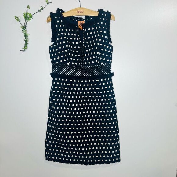 Tory Burch Navy Blue Evelyn Polka Dot Jacquard Sheath Dress Size 4 Fringe - Picture 3 of 12
